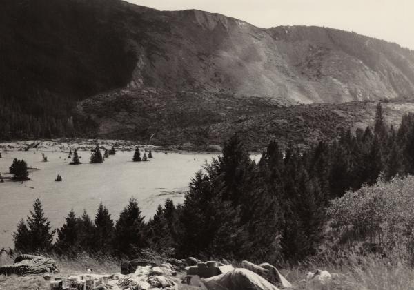View of the Madison Slide on August 21, 1959 with rapidly filling Earthquake Lake