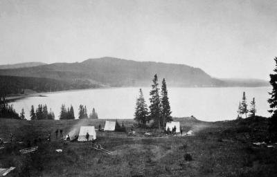 &quot;Earthquake camp&quot; of the Hayden expedition in 1871, located on the north shore of Yellowstone Lake near Steamboat Point. (Click image to view full size.)