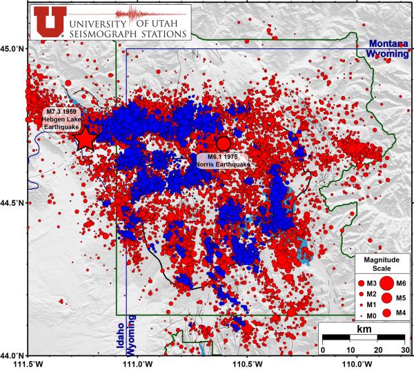 Map of Yellowstone earthquakes that were located during 1973-2023