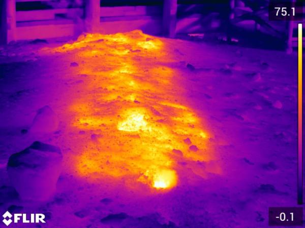Thermal imagery from near Beryl Spring, Yellowstone National Park, showing heat from a buried pipe