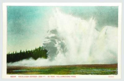 Excelsior Geyser erupting as a violent hydrothermal explosion. The image is a colorized photograph.  (Click image to view full size.)