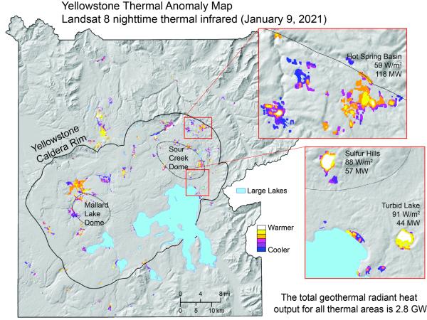 Thermal anomaly map of Yellowstone National Park based on a Landsat 8 nighttime thermal infrared image from 9 January 2021