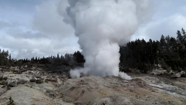 Steamboat geyser in the steam phase of eruption on March 16, 2018
 (Click image to view full size.)