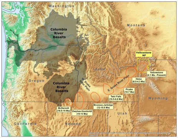 Locations of Yellowstone hotspot volcanic fields