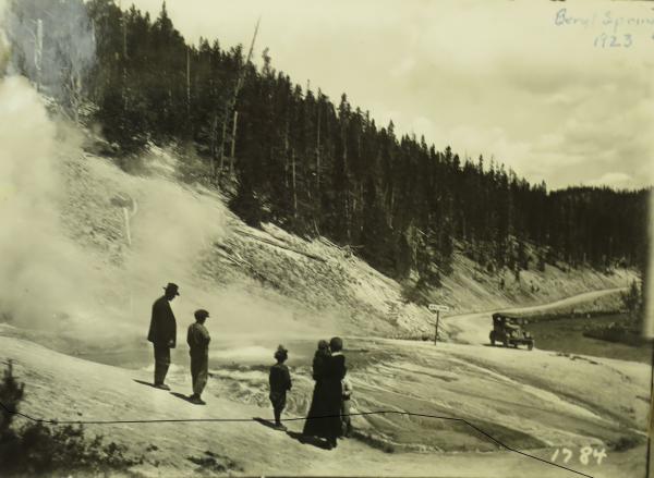 Visitors observing Beryl Spring, Yellowstone National Park, in 1923