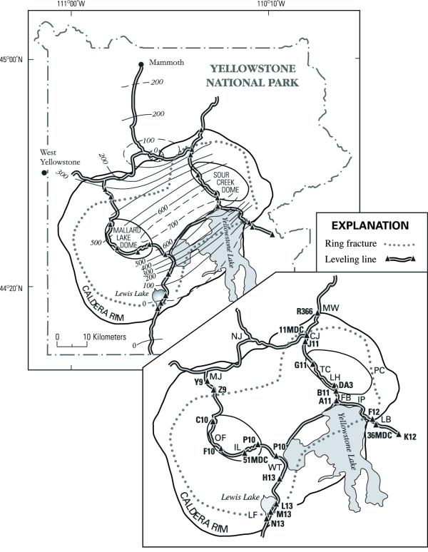 Map of surface uplift at Yellowstone between 1923 and 1975-1977