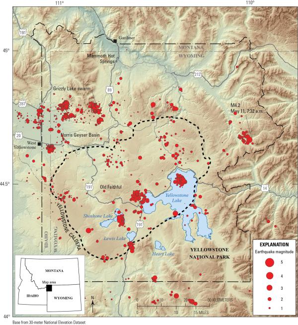 Map of earthquakes in the Yellowstone National Park region in 2023