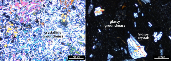 Microscopic view of different groundmass textures in rocks Microscopic view of different groundmass textures in rocks