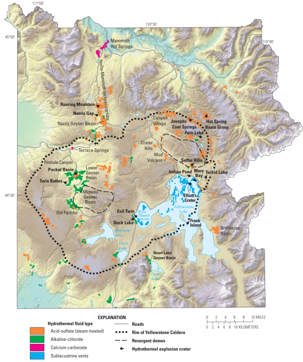 Map showing the location of active thermal areas categorized by hydrothermal system type in Yellowstone National Park