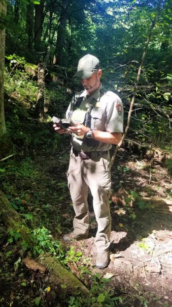 Ryan Williamson checks a camera at Great Smoky Mountains.