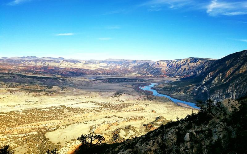 A panoramic view of the river and landscape at Dinosaur National Monument