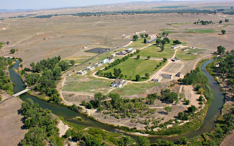 An aerial view looking north at a fort located at an oxbow bend of a river, Fort Laramie National Historic Site 