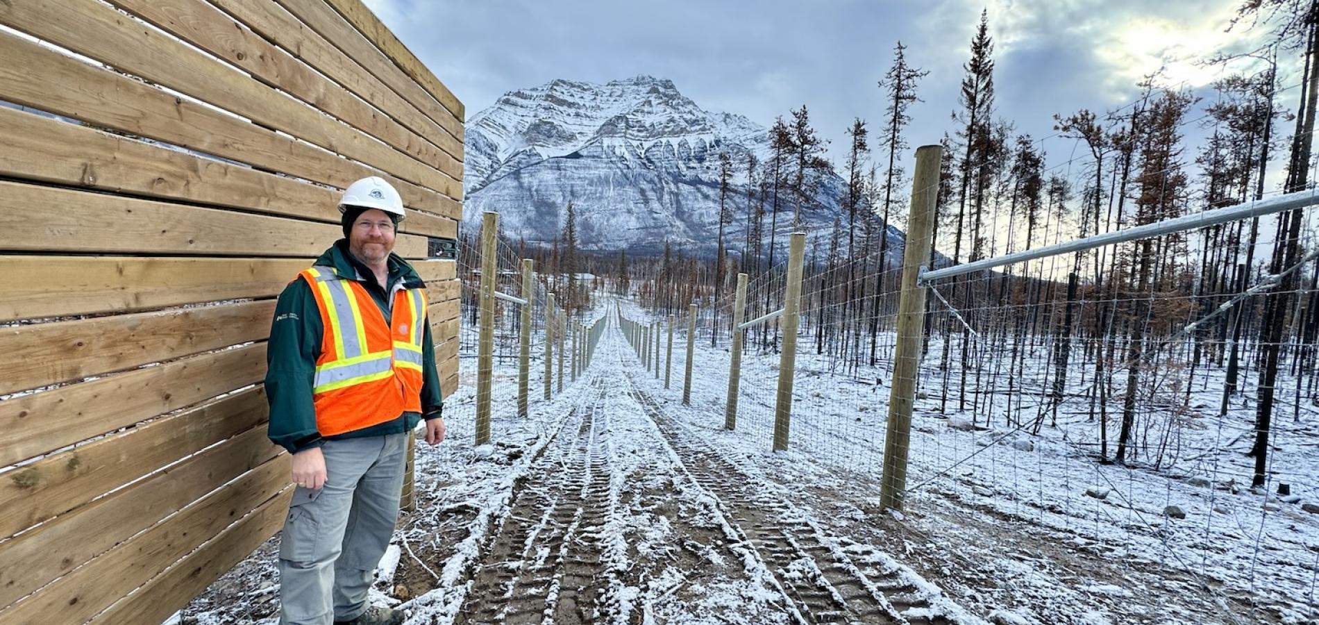In November, site manager Scott Taylor checks on construction of the Caribou Conservation Breeding Centre in Jasper National Park.