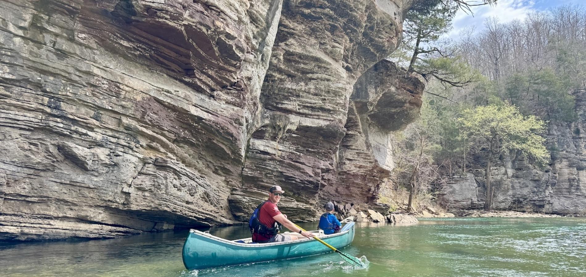 Buffalo Outdoor Center President Austin Albers and his son River canoe the Buffalo National River in Arkansas.
