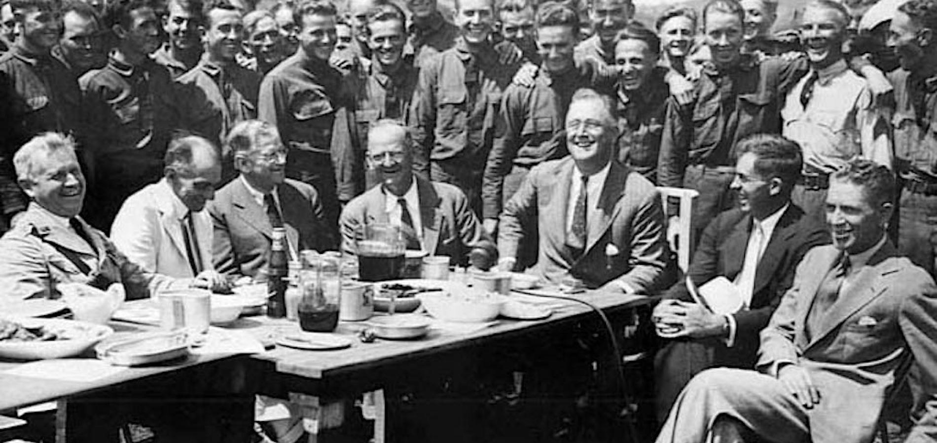 President Franklin Delano Roosevelt, Interior Secretary Harold Ickes, and others at Shenandoah National Park to celebrate the launch of the CCC/National Archives
