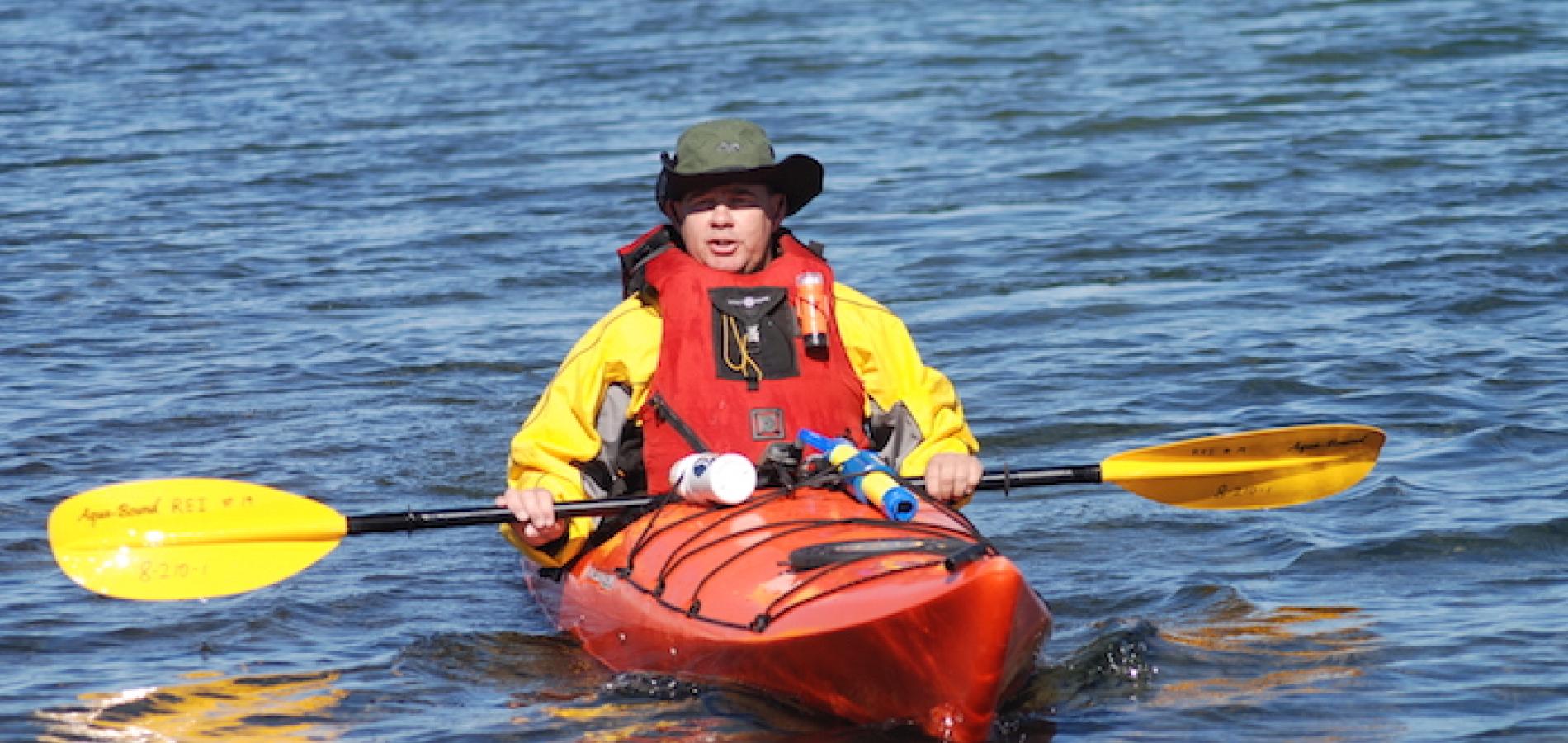 Bob Mishak kayaking Yellowstone Lake/kjr