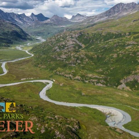 National Parks Traveler Podcast Episode 237 Image An image of a stream winding through a valley at Wrangell-St. Elias National Park and Preserve