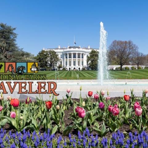 NPS photo of the White House with spring flowers blooming.