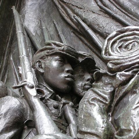 A portion of Augustus Saint-Gauden's Robert Gould Shaw Memorial at the Boston African American National Historic Site
