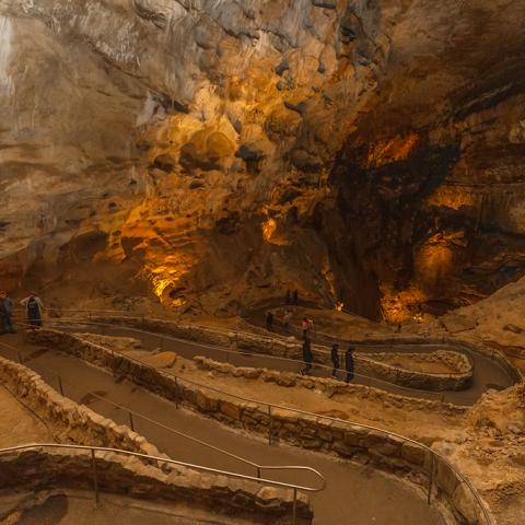 The switchbacks along the paved trail leading down toward the Big Room at Carlsbad Caverns National Park