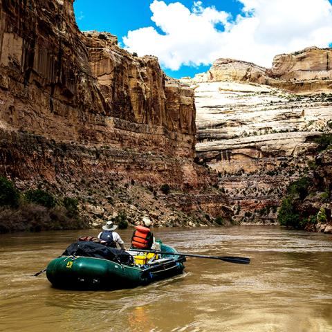 Rafters on muddy river water between tall canyon walls, Dinosaur National Monument