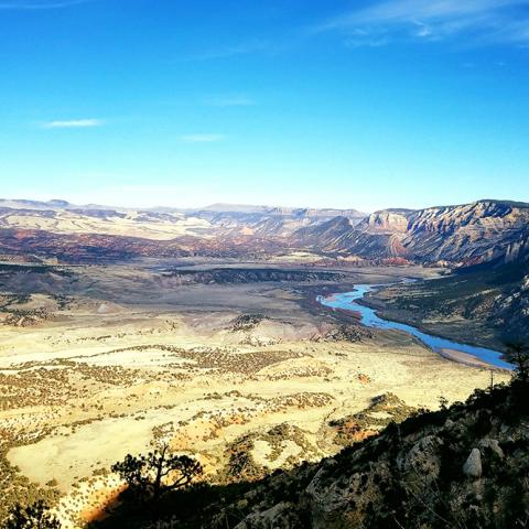 A panoramic view of the river and landscape at Dinosaur National Monument