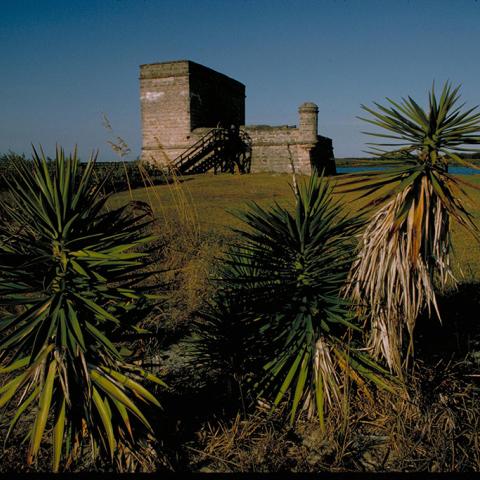 Fort from a distance across maritime hammock and salt marshes, Fort Matanzas National Monument
