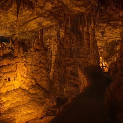 Flowstone over stalagmites just off the paved trail through Lehman Caves in Great Basin National Park, Nevada