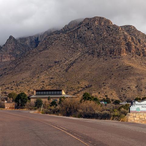 A cloudy, overcast day at the entrance to Guadalupe Mountains National Park