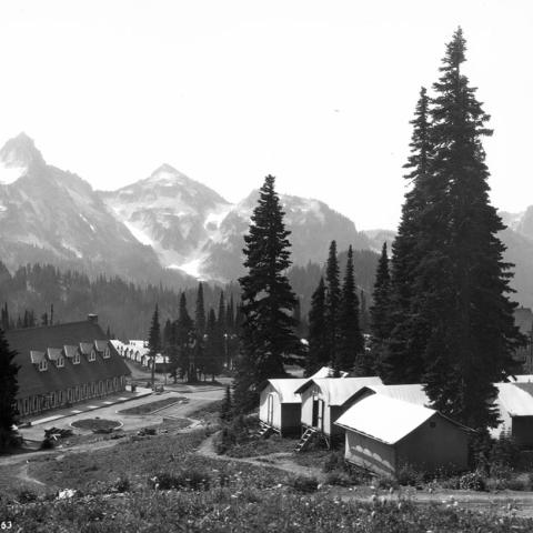 A black-and-white 1917 image of Paradise Inn and surrounding tent cabins up at Mount Rainier National Park