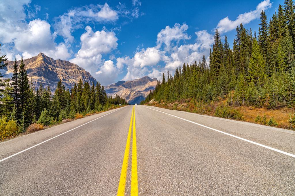 The leading line of the Icefields Parkway through Banff National Park in Canada.