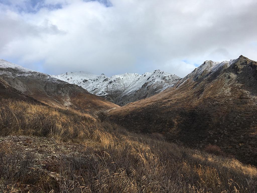 A dusting of snow over a mountain peak framed by smaller brown mountain sides, Denali National Park and Preserve