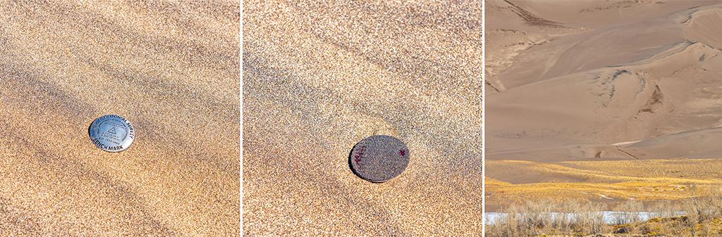Three images showing a magnet in a black patch of sand on a sand dune at Great Sand Dunes National Park and Preserve