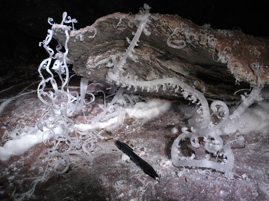 Fantastic corkscrew and squiggly shapes created by white gypsum and an ink pen next to the cave formations for scale at Jewel Cave National Monument