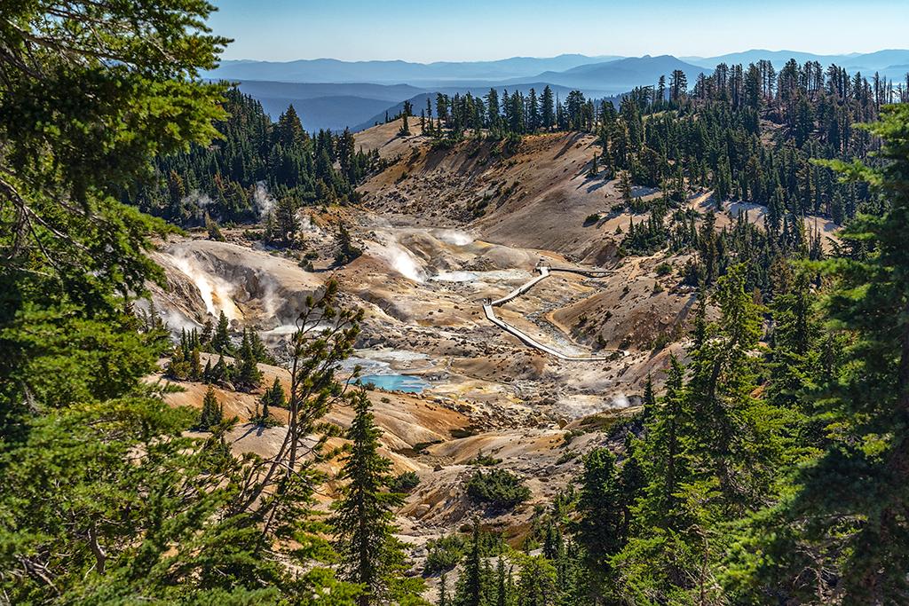 An overview of the steaming Bumpass Hell area framed by green pine trees, Lassen Volcanic National Park