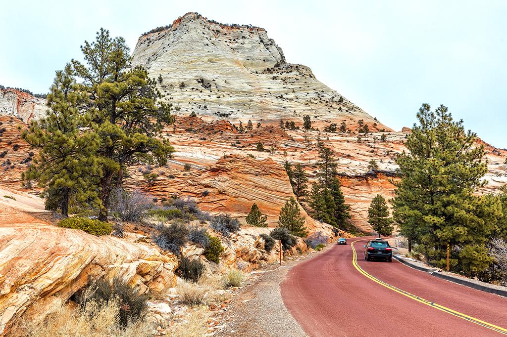 A red-colored road leading through the ancient dunes and cross-bedded hills of eastern Zion National Park