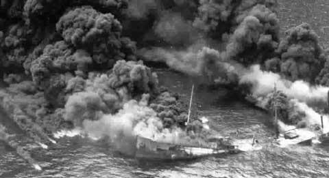 Burning tanker off North Carolina coast in 1942.