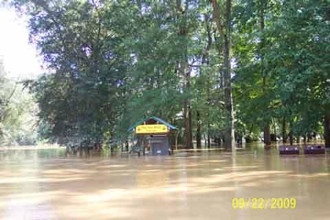 Flooded picnic area.