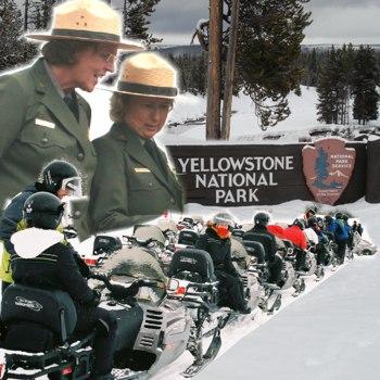 Yellowstone Superintendent Suzanne Lewis (left) and former National Park Service Director Fran Mainella (right) review snowmobiles in this J. Sullivan photo illustration.