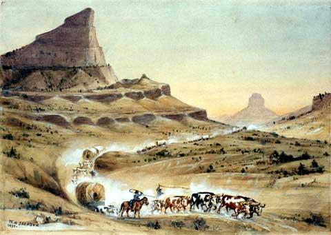 Jackson painting of covered wagons. NPS image.