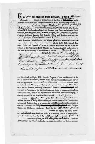 Bill of sale of Washington's purchase of the Great Meadows.