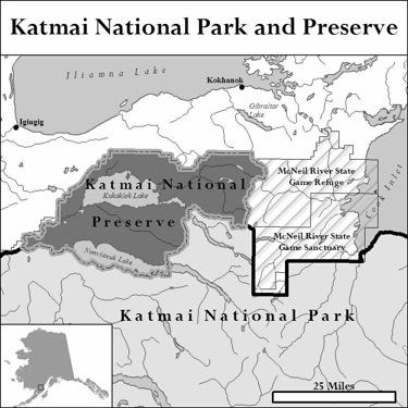 Map of Katmai National Park and nearby Katmai National Preserve
