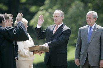 Dirk Kempthorne is sworn in as Secretary of the Interior; White House photo by Eric Draper.