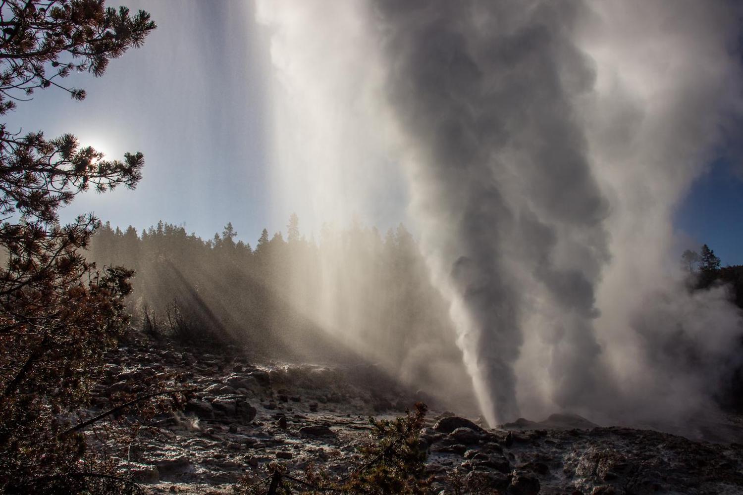 A 2019 eruption of Steamboat Geyser in the Norris Geyser Basin of Yellowstone National Park. The geyser's first documented activity was in 1878, and it has turned off and on sporadically since, once going for 50 years without erupting. In 2018 it reactiva