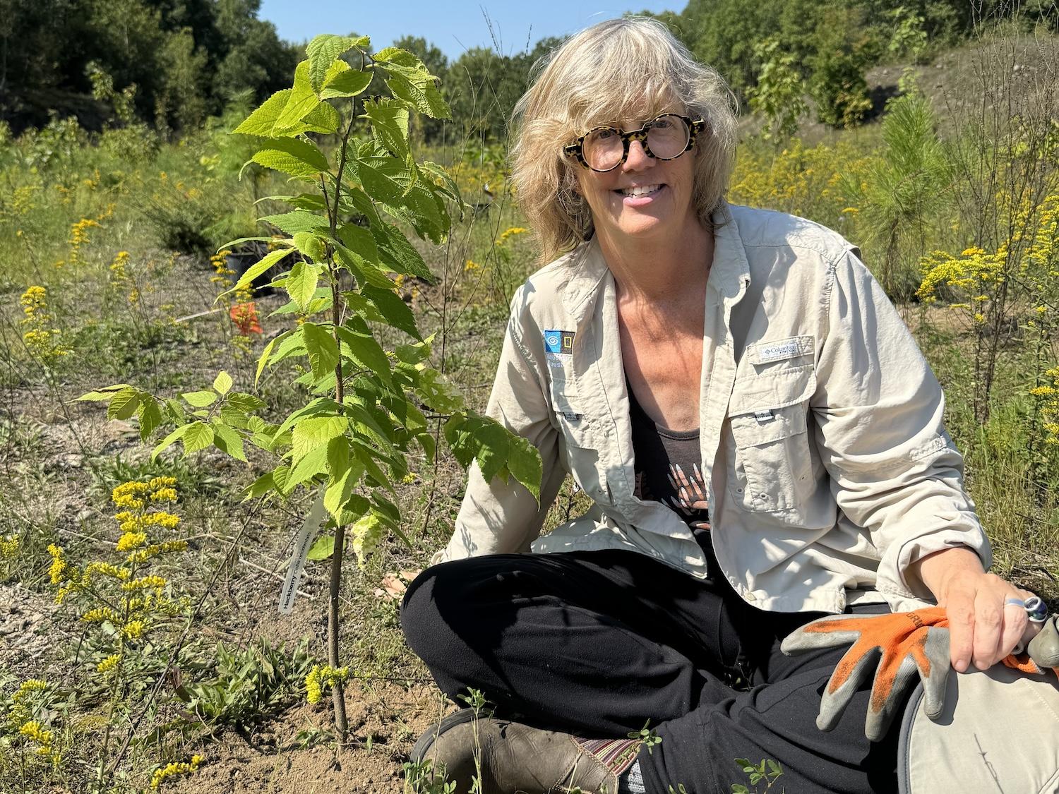 Writer Jennifer Bain plants a hackberry at the Hill Island quarry.