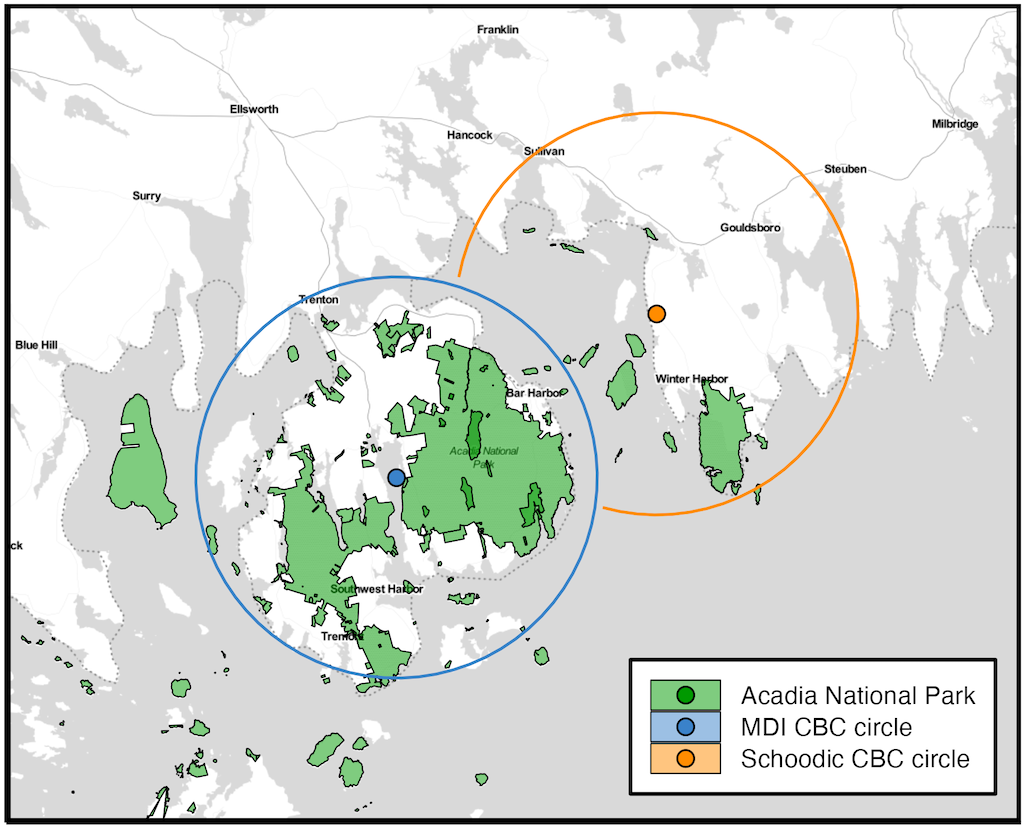 The Schoodic Point and Mount Desert Island (MDI) Christmas Bird Count circles, pictured here. Acadia National Park lands are displayed in green.   Photo provided by Schoodic Institute.