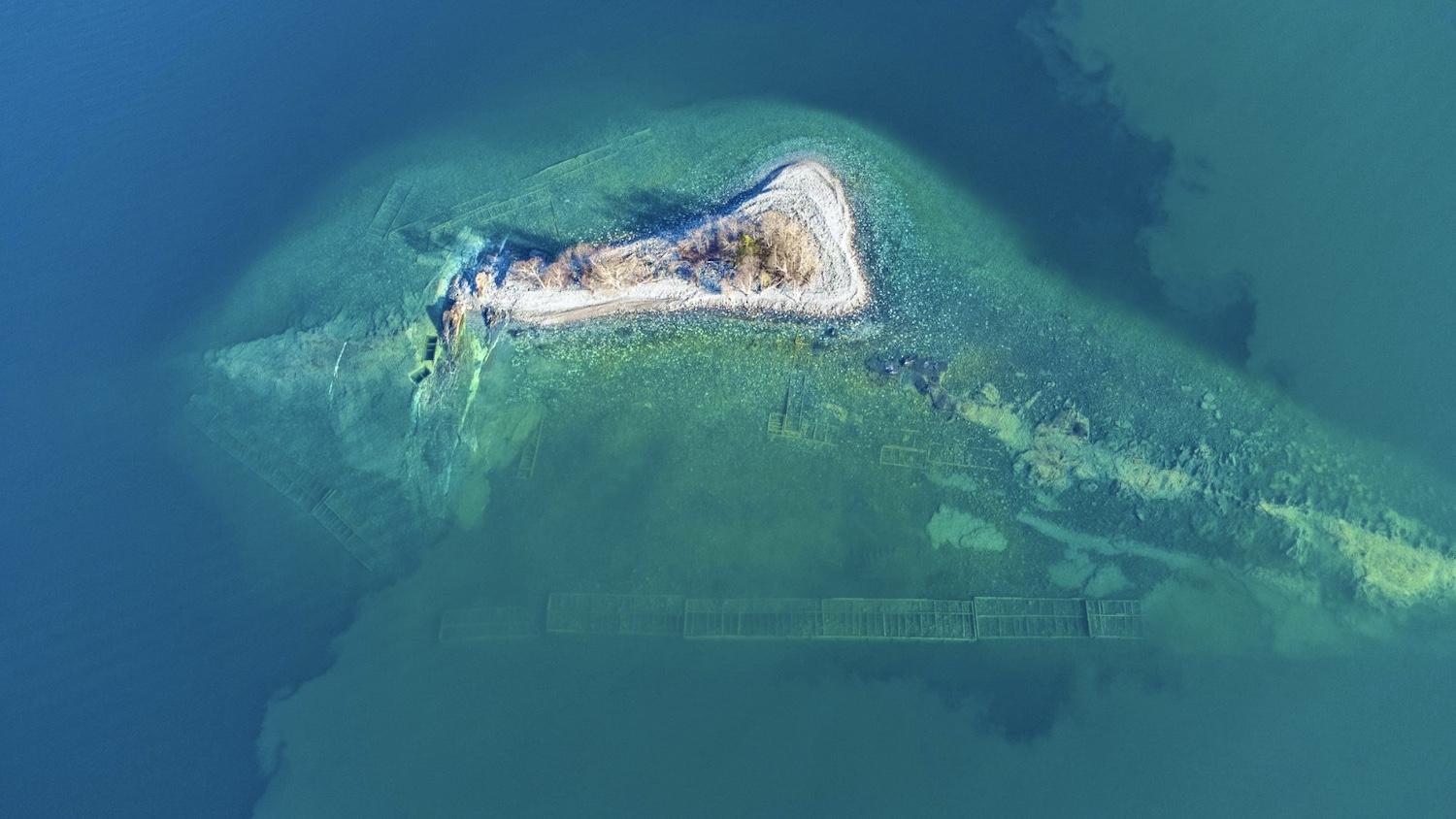 An aerial shot of what was once the Silver Islet underwater silver mine in Lake Superior.
