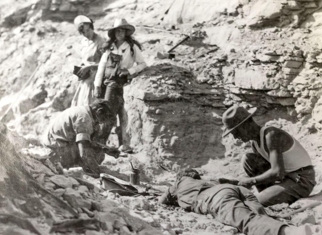 Margaret & Dorothy Cook watch while Winifred Cook reaches into a hole of a dig site with men from Harvard University. NPS Photo