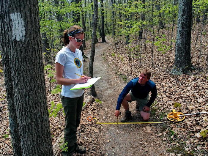 USGS scientist Jeffrey Marion and Virginia Tech student Holly Eagleston measuring conditions at the Appalachian Trail in Virginia to evaluate trail impacts and sustainability guidance/Matthew Browning, Virginia Tech Graduate Student