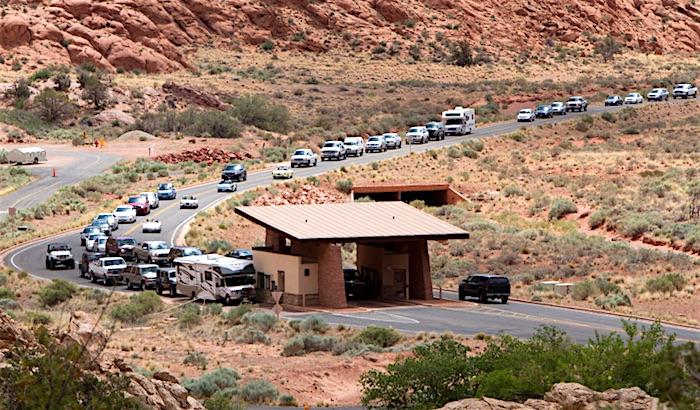 Congestion backs up traffic trying to enter Arches National Park/NPS